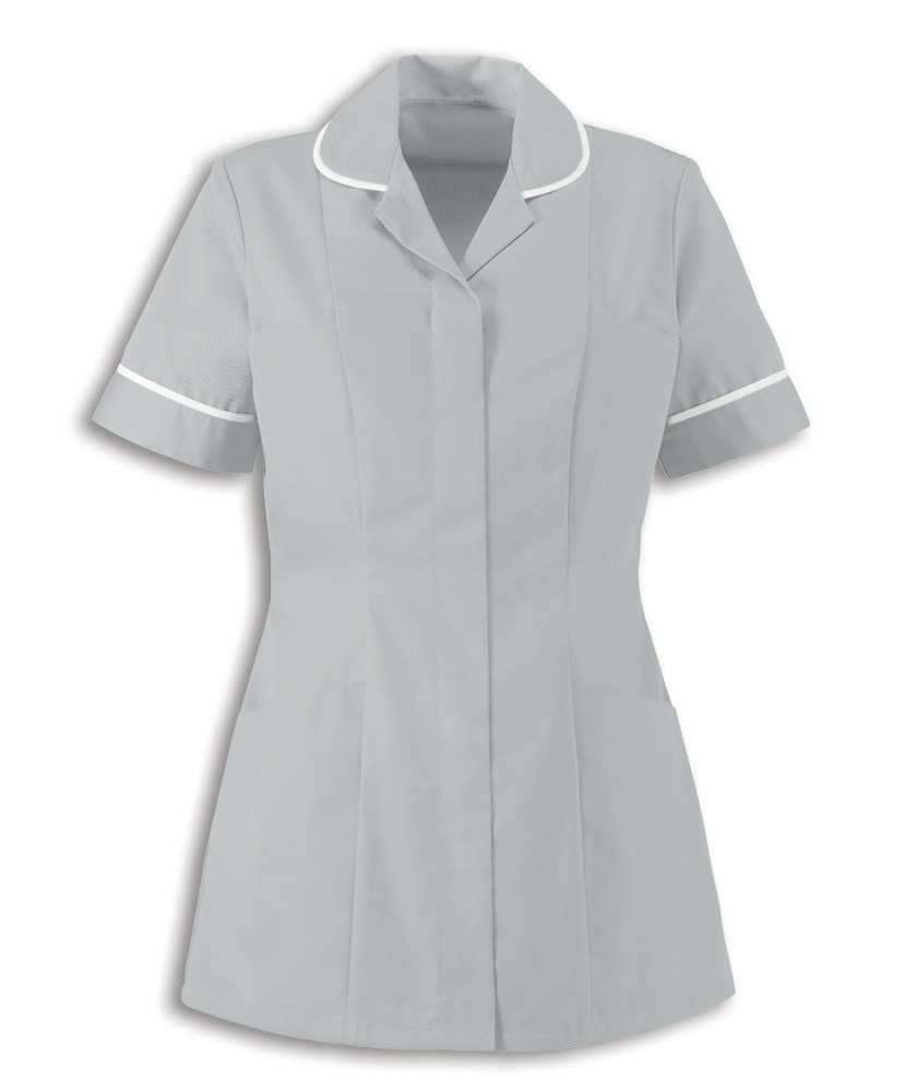 Assistant Pratitioner's uniform at ELHT, pale grey with white piping