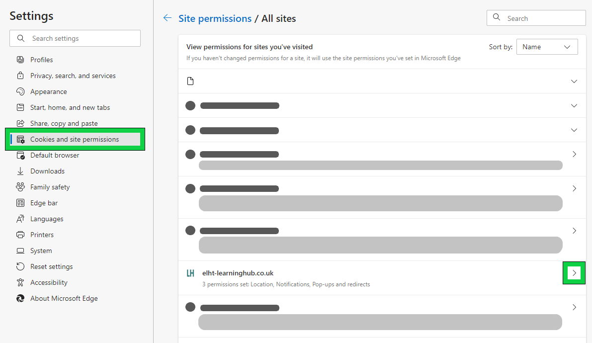 Microsoft Edge settings menu, with 'Cookies and site permissions' outlined in bright green and black. In the list of websites, learning hub's arrow is also outlined.