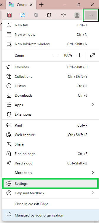 Microsoft Edge internet browser's top-right corner. The 'Settings and more...' menu is outlined in bright green and black, like the 'Settings' option in the list below.