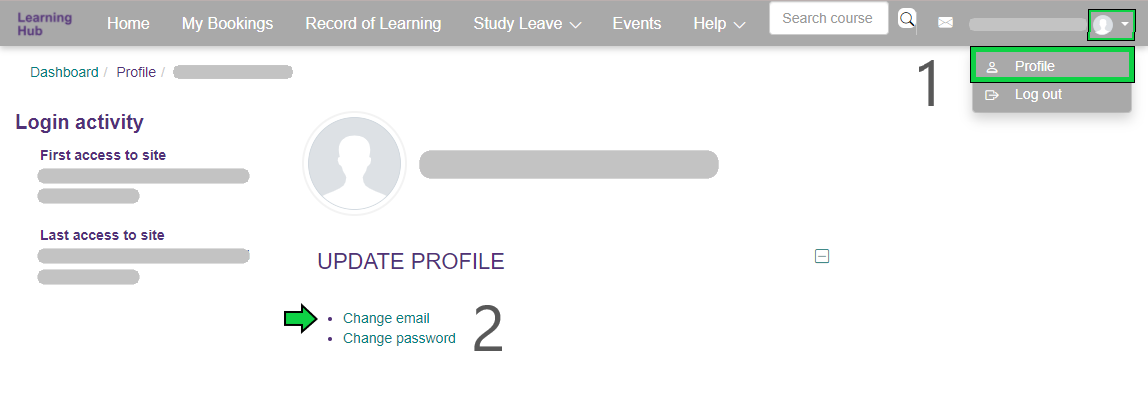 Learning Hub screenshot. A grey “1” is in the top-right, next to the profile icon and user menu option “Profile”. The icon and option are outlined in green. A grey “2” is bottom-centre, next to ‘Change email’ and ‘Change password’. There is a green arrow pointing to ‘Change email’.