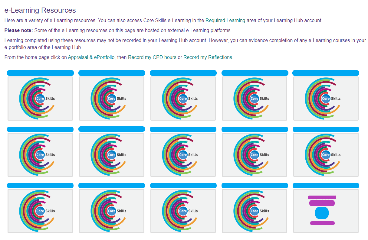 The e-Learning Resources page, with introductory text and the first few rows of courses in view.