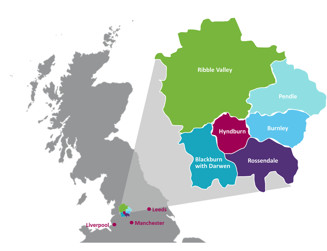 Map showing the ares covered by ELHT - Ribble Valley, Pendle, BUrnley, Blackburn with Darwen, Rossendale and Hyndburn