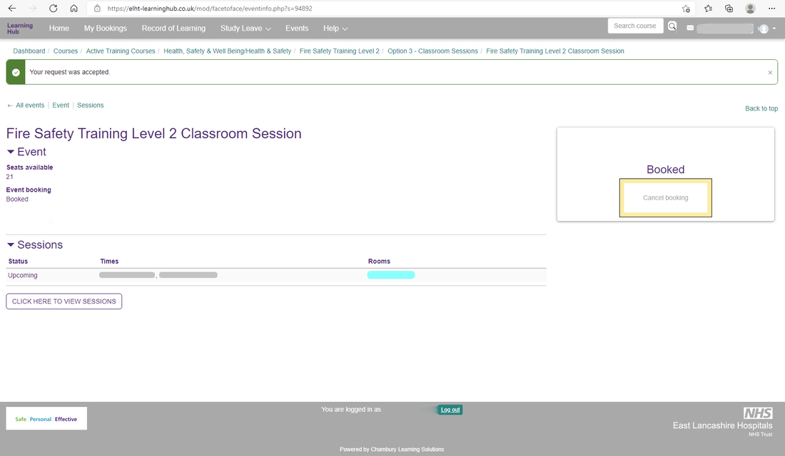 A booked session page, with 'Cancel booking' highlighted in the 'Booked' box at the right.