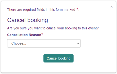Cancel booking box. There is introductory text, then a 'Cancellation Reason' drop-down box and a 'Cancel booking' button.