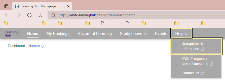 The top of the Learning Hub page. There is a yellow box around the Help menu and its first option, 