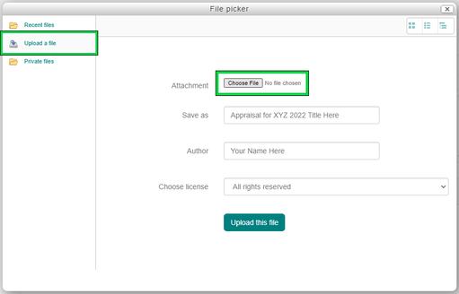 File picker dialogue window. The 'Upload a file' tab on the left and the 'Choose File' button in the middle have green outlines.