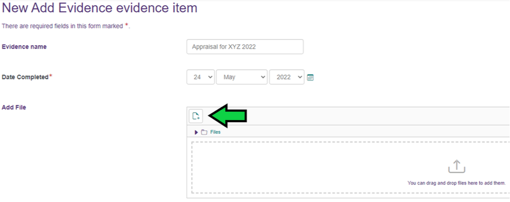 'New Add Evidence evidence item' form. A green arrow points to the 'add file' icon in the file upload area.