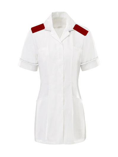 Radiographer's uniform at ELHT, white with burgundy epaulettes, navy trousers