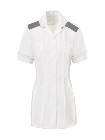 Radiographer assistant practitioner's uniform at ELHT, white with dark grey epaulettes, navy trousers
