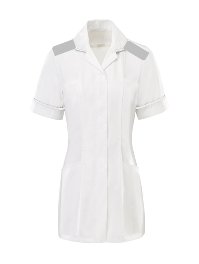 Radiology assistant's uniform at ELHT, white with light grey epaulettes, navy trousers