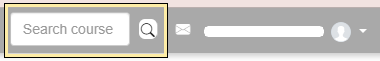 The top-right corner of your Learning Hub account. The 'Search course' textbox and search icon of a magnifying glass are framed. On the right are an envelope icon, profile name, profile picture and a down arrow for the user menu.