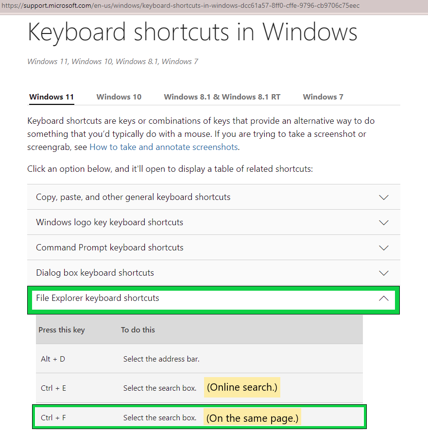 Windows keyboard shortcuts. 'File Explorer keyboard shortcuts' and 'Ctrl + F' are outlined in green and black.